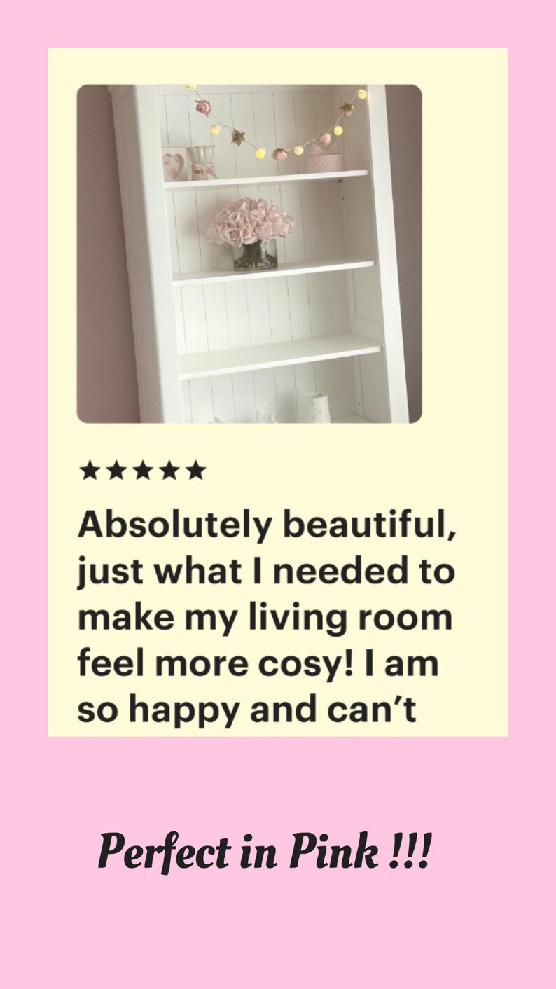 May include: White bookshelf with four shelves, decorated with a pink flower arrangement, a string of lights with pink and yellow balls, and other decorative items. The text "Perfect in Pink!!!" is written below the image.