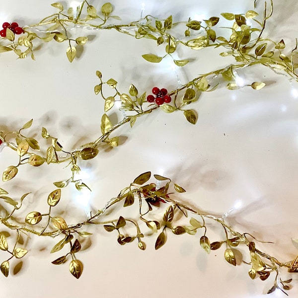 Gold leaf vine and red berries lights garland, Christmas garland, Christmas lights, Christmas home gold decoration