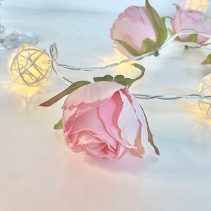 May include: A string of fairy lights with white wicker balls and pink fabric roses. The lights are strung together with clear wire.