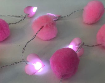 Pink heart string light garland, pompom garland, girl nursery decor, girl nursery lights, satin heart lights, gift for girl