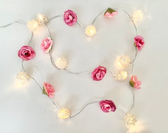 Pink rose string lights with rattan shades, teen girl room, rose garland, flower light garland, girl room lights, pink flower lights