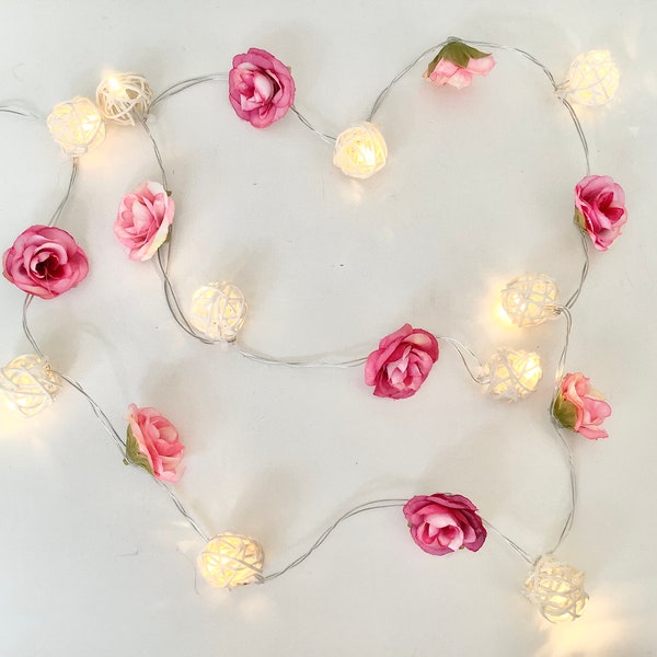 Pink rose string lights with rattan shades, teen girl room, rose garland, flower light garland, girl room lights, pink flower lights