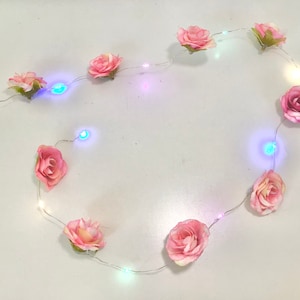 Small pink flower copper wire lights garland, teen bedroom lights, pink flower lights, rose garland, decorative lights, girl bedroom lights
