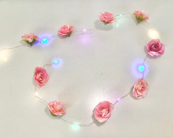 Small pink flower copper wire lights garland, teen bedroom lights, pink flower lights, rose garland, decorative lights, girl bedroom lights