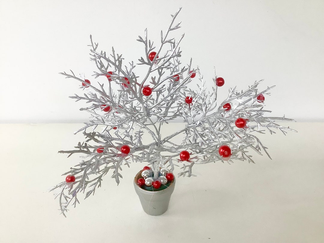 Silver Tree With Red Beads in Terracotta Pot, Small Silver Christmas ...