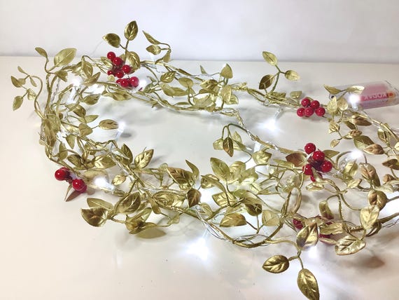 Gold leaf vine and red berry lights garland, Christmas lights, red and gold decor, Xmas hanging lights