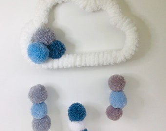 Nuvola appesa alla parete per l'asilo nido, decorazione della parete della stanza del bambino, decorazione della camera del bambino, parete della scuola materna, decorazione del pompon, regalo del bambino, asilo nido del bambino