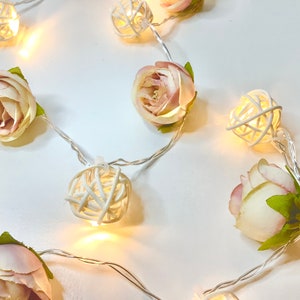 Cream peony flower string lights, rattan ball shades, neutral floral lights, cream wedding decor, mantle flower decor, neutral home decor