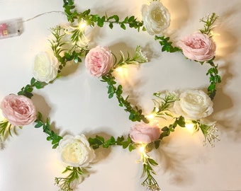 Large peony pre lit flower garland, floral light garland, wedding flower decor, flower home decor
