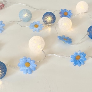 Blue and white cotton ball string lights with blue daisies, blue room decor, blue string lights, blue boho lights