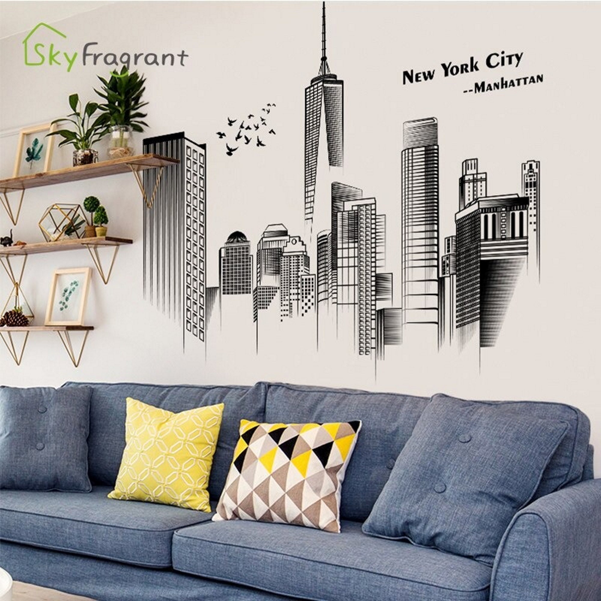 Sticker Mural Autocollant Creative Manhattan Décor de Chambre Stickers Artistiques Noir et Blanc Fon