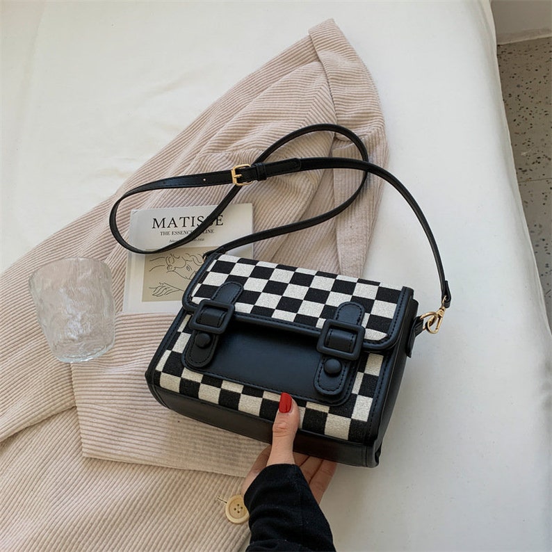 Women's Checkered Shoulder Handbag, Messenger buy Bag/Purse, Brown, Black & White