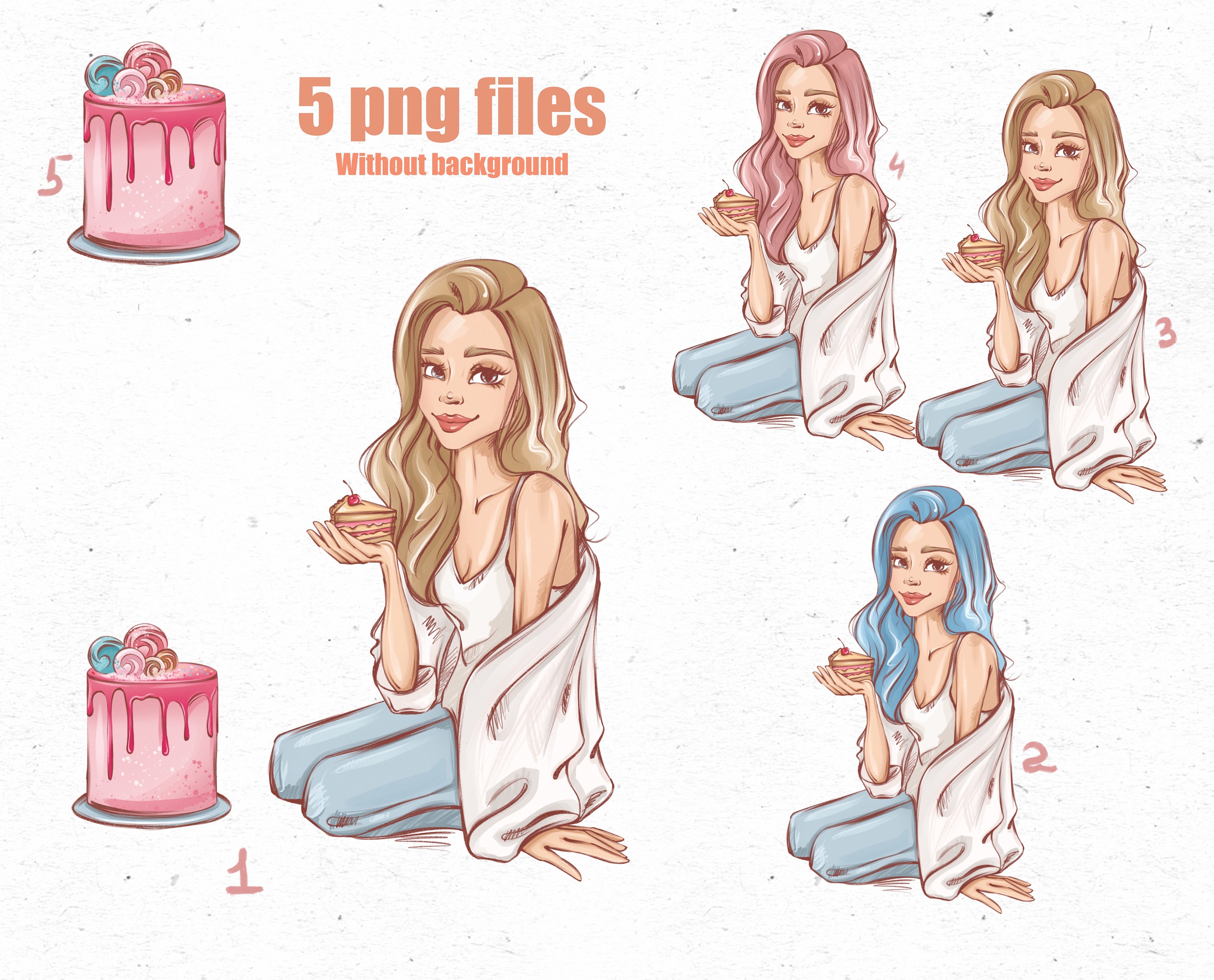 Girl with dessert. Fashion girl clipart. Girl with cake Etsy