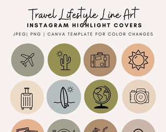 12 Instagram Highlights - Travel Lifestyle Line Art Patterns / IOS App Icon Covers / Hand Drawn Icons Bundle and Canva Template