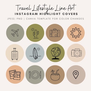 May include: Set of 12 Instagram highlight covers featuring travel-themed line art icons. The icons include a plane, cactus, suitcase, sun, surfboard, globe, camera, photo, fork and knife, coconut, and a location pin. The icons are in black and white and are set against a variety of coloured backgrounds.