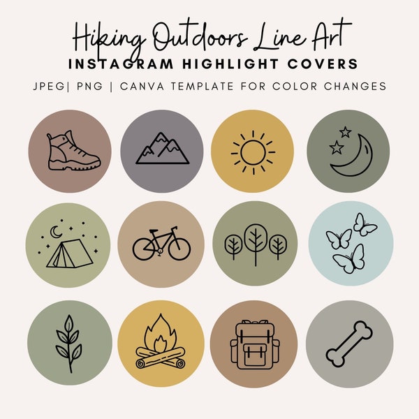 12 Instagram Highlights - Hiking Outdoors Line Art Patterns / IOS App Icon Covers / Hand Drawn Icons Bundle and Canva Template