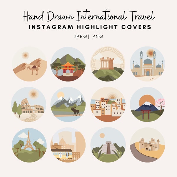 25 Instagram Highlights - International Travel Countries Outdoor Patterns / IOS App Icon Covers / Hand Drawn Icons Bundle