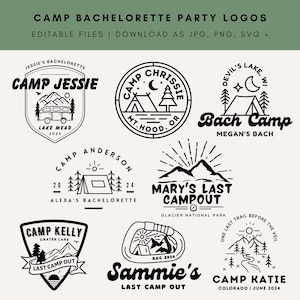 Op de afbeelding: Een verzameling zwart-wit logo's met kampeerthema voor vrijgezellenfeesten. Elk logo bevat kampeerelementen zoals tenten, bergen en bomen, met tekst als "Camp Jessie", "Camp Chrissie" en "Mary's Last Campout."