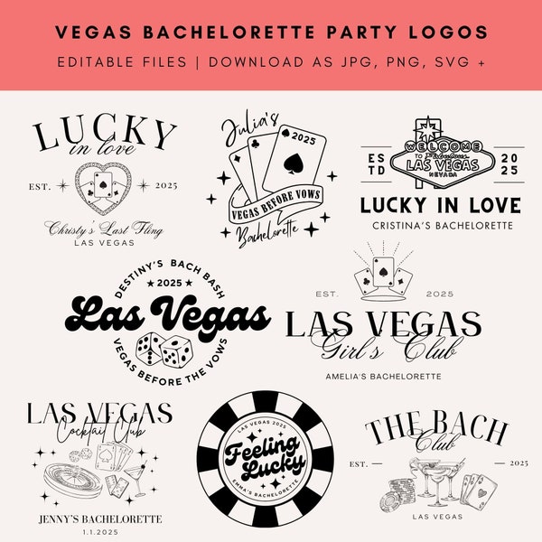 8 Paquete de logotipos editables de Vegas Bachelorette / Plantillas Canva DIY / Gráficos personalizables para invitaciones, merchandising, sitios web / Jpg, PNG, SVG