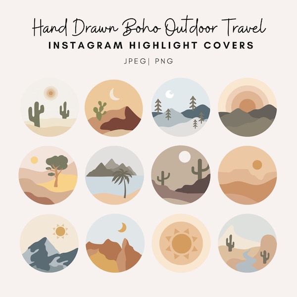 24 Instagram Highlights - Boho Travel Outdoor Patterns / IOS App Icon Covers / Hand Drawn Icons Bundle