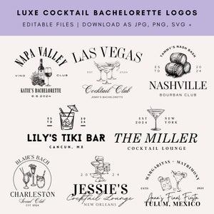 8 Editable Cocktail-Inspired Bachelorette Party Logos| DIY Drink-theme Bride Tribe Graphics | Customizable Canva Template Jpeg, PNG, SVG