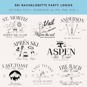 Op de afbeelding: Zwart-witte illustraties van skigebiedlogo's voor een vrijgezellenfeest. De logo's tonen skipistes, bergen, skiliften en de tekst "St. Moritz", "Vail", "Anderson Apres Ski Club", "Apres Ski", "Aspen Ski Club", "Last Toast On The Slopes", "Last Toast On The Slopes" en "The Bach Ski Club".