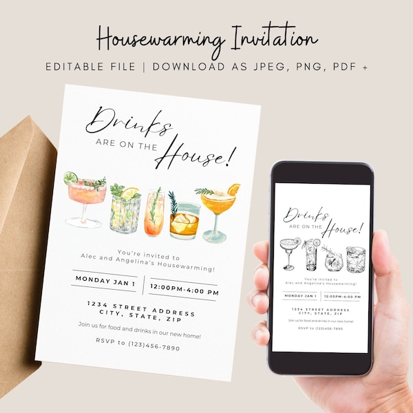 Drinks are on the House" Housewarming Invitation Template | Editable 5x7 Canva Design | JPEG, PNG, PDF | Print or Digital Invite