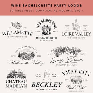 8 Editable Wine Bachelorette Party Logo Pack | Canva DIY Templates | Customizable Vino Graphics for Invites, Merch, Websites | Jpg, PNG, SVG