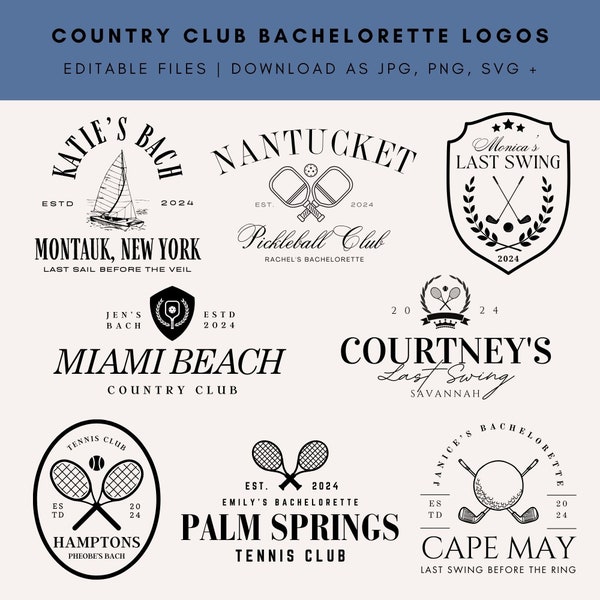 8 Editable Country Club Bachelorette Party Logo Pack | DIY Sophisticated Bride Tribe Graphics | Customizable Canva Templates Jpeg, PNG, SVG