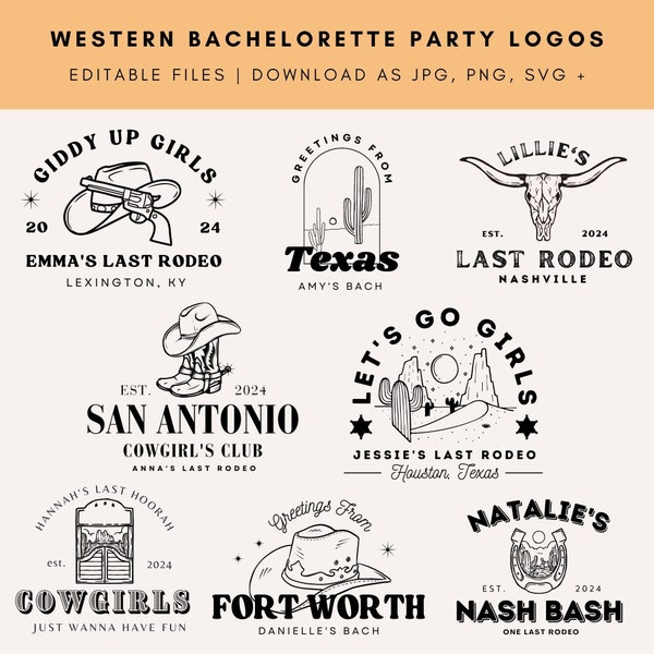 8 Editable Western Cowgirl Bachelorette Party Logos | DIY Western Themed Bride Tribe Graphics | Customizable Canva Template Jpeg, PNG, SVG