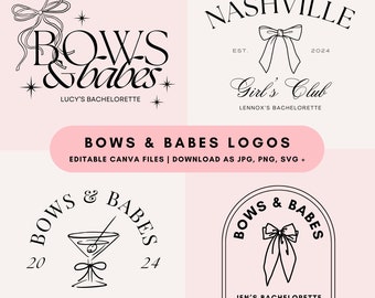 4 Editable Bows and Babes Bachelorette Bridal Shower Logo | Canva DIY Templates | Custom Graphics - Invites, Merch, Websites | Jpg, PNG, SVG