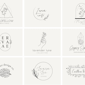 May include: A collection of nine minimalist logo designs featuring floral elements, geometric shapes, and handwritten text. The logos are in black and white and have a modern, elegant aesthetic.