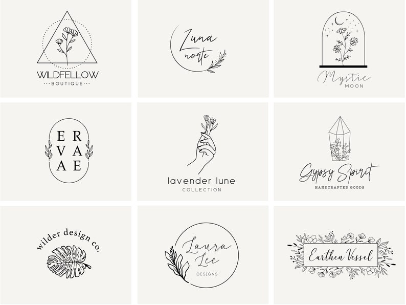 May include: A collection of nine minimalist logo designs featuring floral elements, geometric shapes, and handwritten text. The logos are in black and white and have a modern, elegant aesthetic.