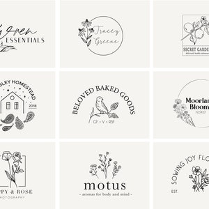 May include: Nine black and white logo designs for various businesses. The logos feature floral elements, a house, a bird, and text. The text includes the names of the businesses, such as "Wren Essentials", "Poppy & Rose Photography", and "Moorland Blooms Florist".