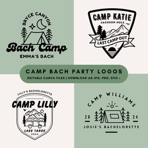Paquete de 4 logotipos editables para despedidas de soltera en campamentos / Gráficos de tribus de novias inspirados en aventuras DIY / Plantillas personalizables de Canva (JPEG, PNG, SVG)