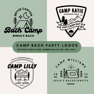 4 Editable Camp Bachelorette Party Logo Pack | DIY Adventure Inspired Bride Tribe Graphics | Customizable Canva Template Jpeg, PNG, SVG