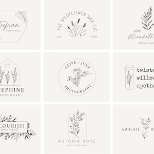 May include: A collection of nine black and white logo designs featuring floral elements. The logos include names like Tropica Botanics, The Wildflower Wax Co., Josephine Greenhouse, Olive + June Photography, Twisted Willow Apothecary, Flourish, Astoria Rose Photography, and Abigail Brennan Photography.