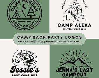 May include: Four black and white camping themed logos. The top left logo says "Camp Meghan Door County". The top right logo says "Camp Alexa Denver | June 2024". The bottom left logo says "Jessie's Last Camp Out Aug 2024". The bottom right logo says "Jenna's Last Campout Zion National Park".