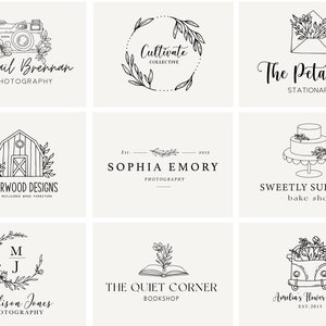 May include: Nine black and white logo designs for various businesses. The logos feature illustrations of a camera, a wreath, an envelope, a barn, a cake, a floral wreath, a book, a van, and a monogram. The logos also include the business names and descriptions.