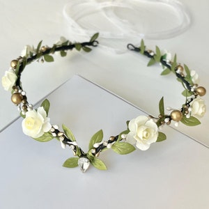Elven flower crown, Ivory flower crown, Flower girl crown, Elven tiara,Fairy flower crown,Elf headpiece,Boho flower crown,Elven bridal crown
