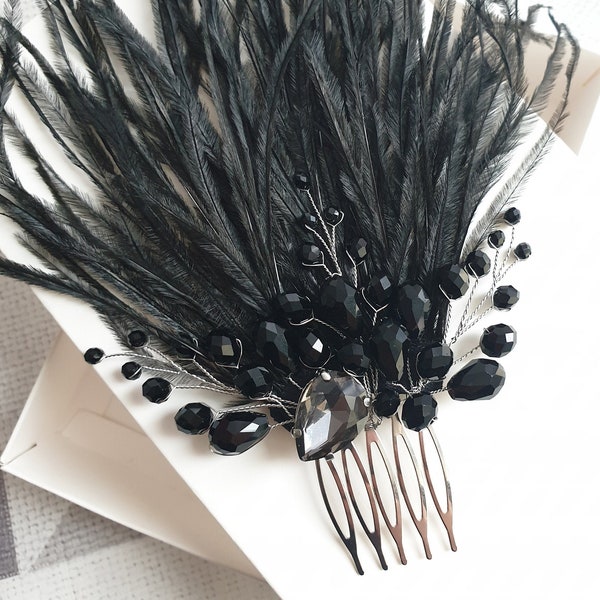 Feather black comb, Gothic hair comb, Feather hair pin, Black bridal comb, Black crystal comb, Gothic headpiece, Gothic wedding hair piece