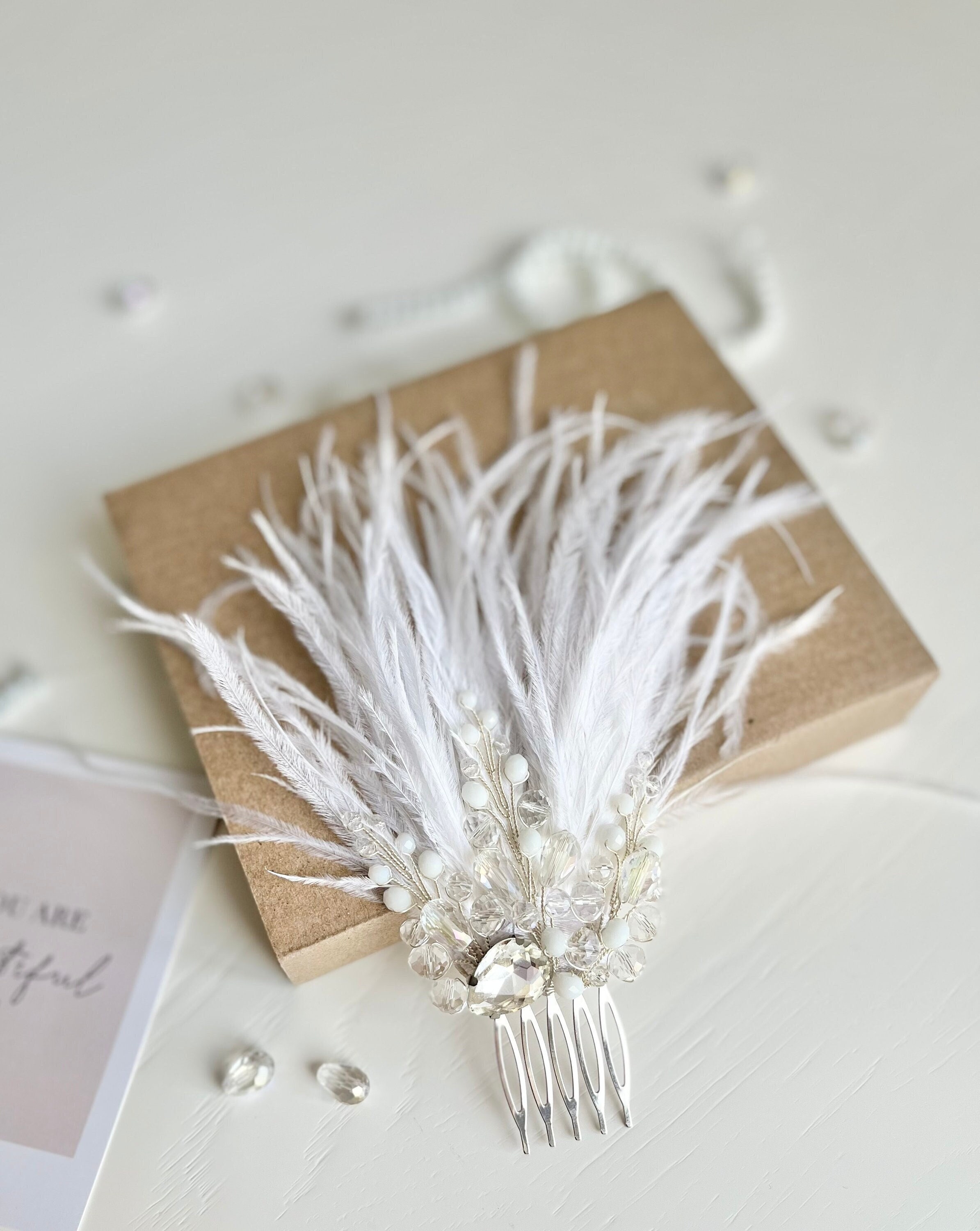Feather Hair Comb, Bridal Hair Comb, White Feather Comb 