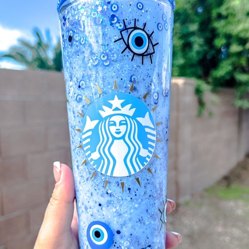 Evil Eye Starbucks Glitter Snow Globe Tumbler Rhinestone Lid Etsy