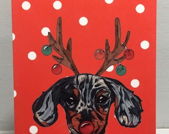 Teckel de Noël, Daxie, chien saucisse, doxie, carte de Noël, chien festif, teckel, idéal pour les amateurs de teckels et de chiens.