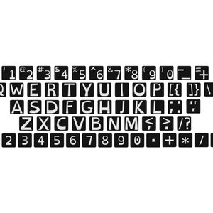 Könnte beinhalten: Schwarz-weiß Tastaturlayout mit Buchstaben, Zahlen und Symbolen. Die Tasten sind in einem QWERTZ-Layout angeordnet, wobei jede Taste ein weißes Zeichen auf schwarzem Hintergrund anzeigt. Das Bild ist vor einem weißen Hintergrund.