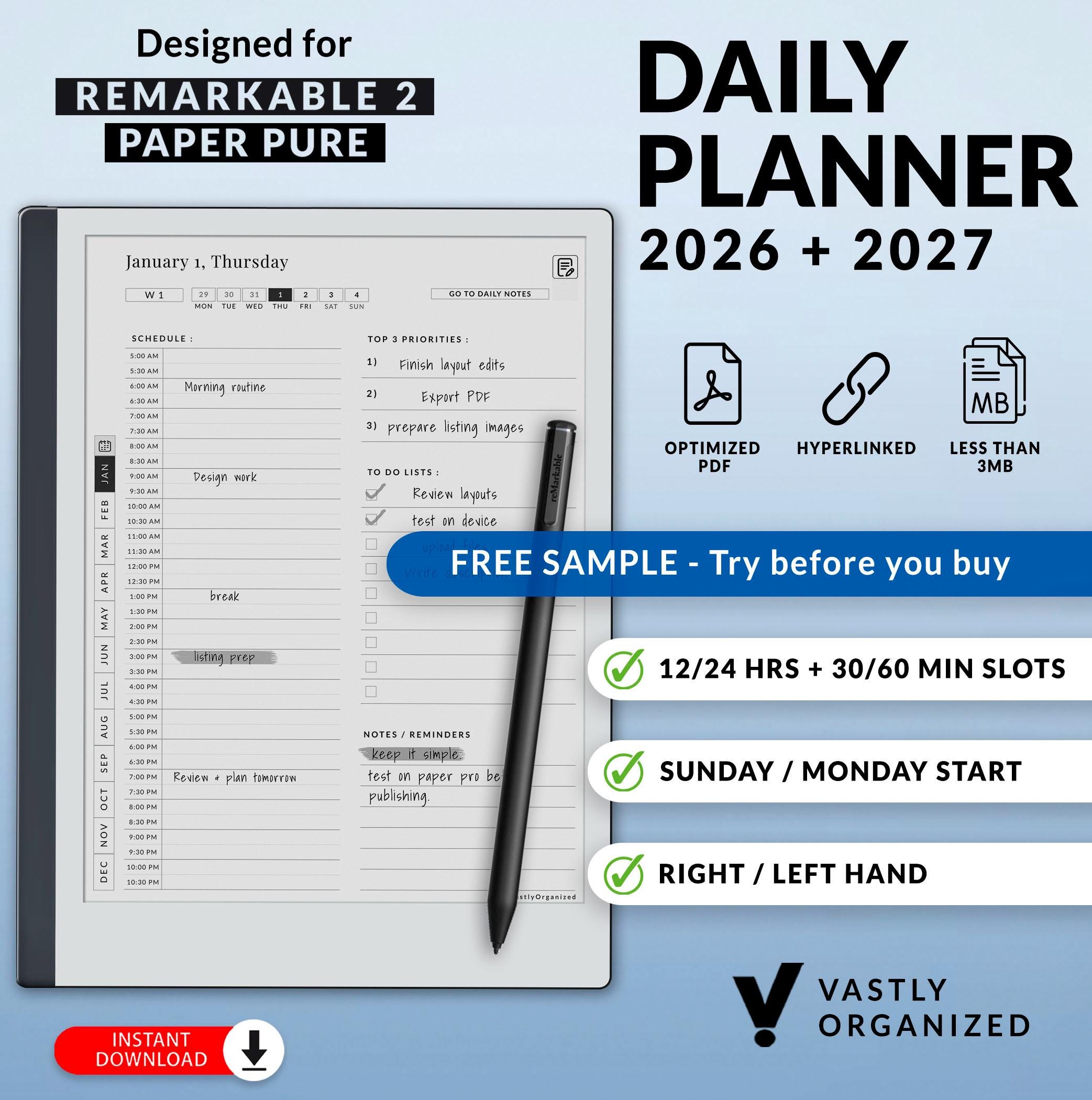 Daily Planner Template for Remarkable 2, Paper Pure Tablets 2026 + 2027, Yearly to Daily Pages, Customizable, Hyperlinked PDF
