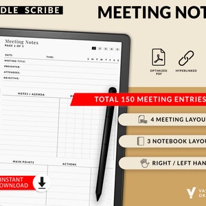 Puede incluir: Una tableta digital que muestra una plantilla de notas de reunión con un bolígrafo de punta fina negro. La plantilla tiene secciones para la fecha, el título de la reunión, el presentador, los asistentes, el objetivo, las notas, la agenda, los puntos principales y las acciones. El texto "KINDLE SCRIBE" y "MEETING NOTES" se muestra en la parte superior de la imagen. El texto "TOTAL 150 MEETING ENTRIES" se muestra en rojo.