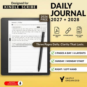 May include: A digital daily journal for Kindle Scribe featuring a black stylus on a screen displaying a January 1st entry. Text includes Daily Journal 2026 2027 2028, Optimized PDF, Hyperlinked, Less Than 4.3MB, Three Pages Daily, and Vastly Organized.