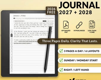 May include: A digital daily journal for Kindle Scribe featuring a black stylus on a screen displaying a January 1st entry. Text includes Daily Journal 2026 2027 2028, Optimized PDF, Hyperlinked, Less Than 4.3MB, Three Pages Daily, and Vastly Organized.
