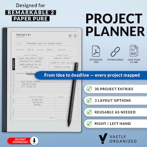 Projekt-Planer-Vorlagen für Remarkable 2, Paper Pure Tablets: 30 Projekt-Einträge, anpassbar, verknüpftes PDF